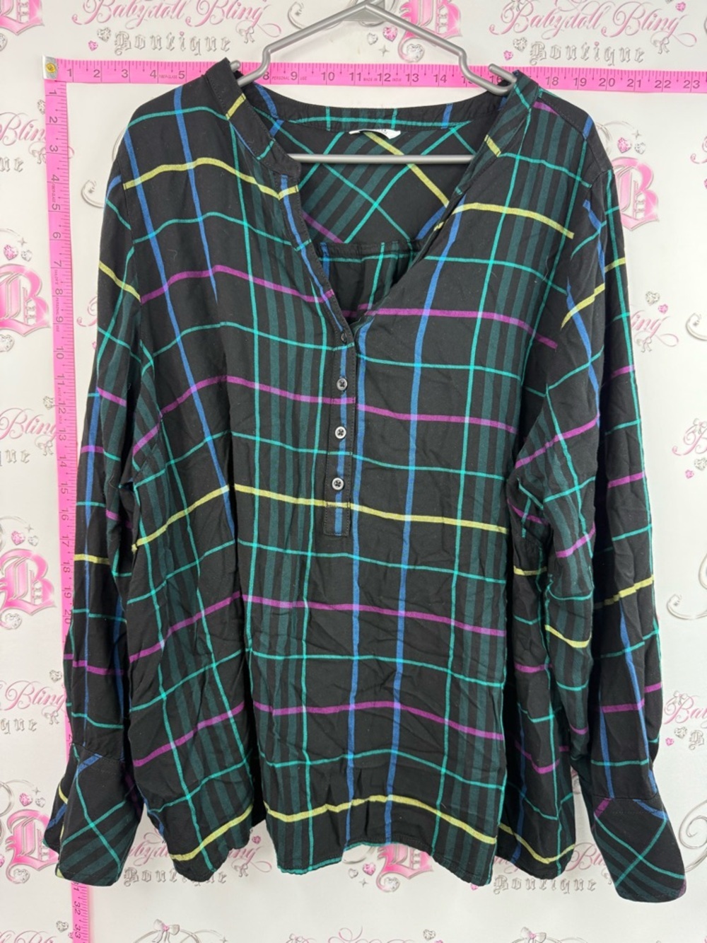 Pennington’s Black Plaid Button Henley Top with Teal, Purple & Yellow Stripes
